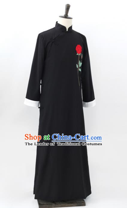 Traditional Republic of China Nobility Childe Costume, Chinese Cross Talke Clothing Black Long Robe for Men