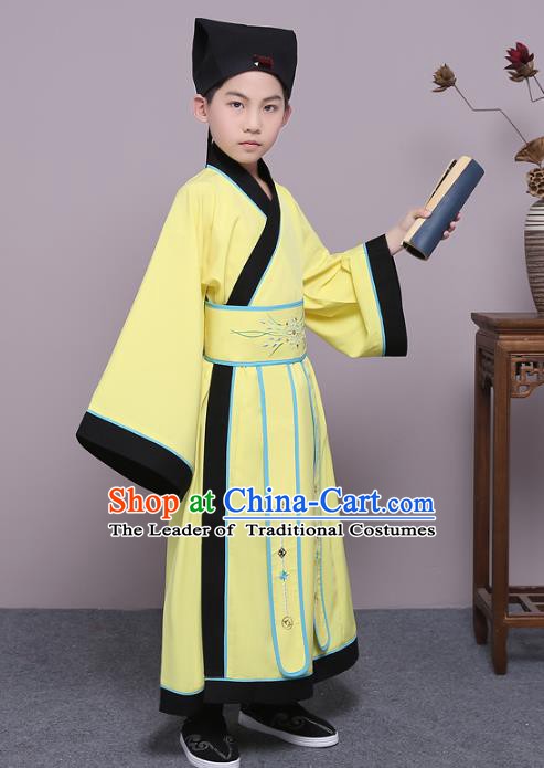 Traditional China Han Dynasty Minister Costume, Chinese Ancient Scholar Hanfu Yellow Robe Clothing for Kids
