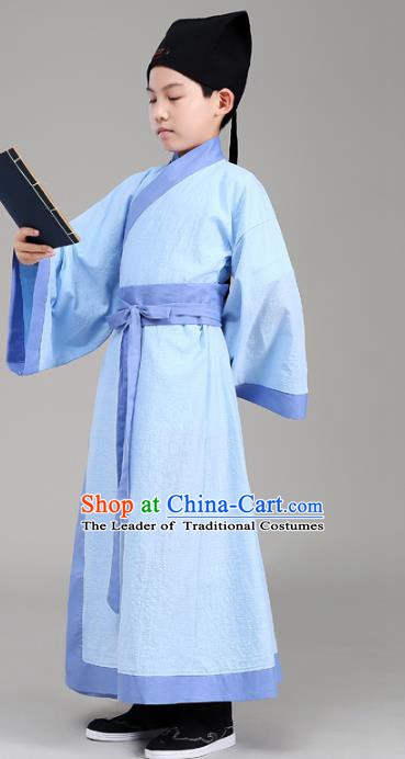 Traditional China Han Dynasty Minister Costume Blue Robe, Chinese Ancient Scholar Hanfu Clothing for Kids