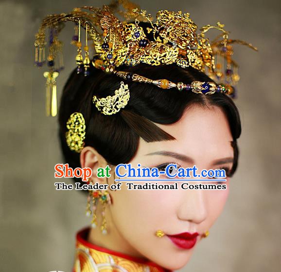 Chinese Handmade Classical Hair Accessories Wedding Bride Tassel Hairpins Phoenix Coronet Complete Set