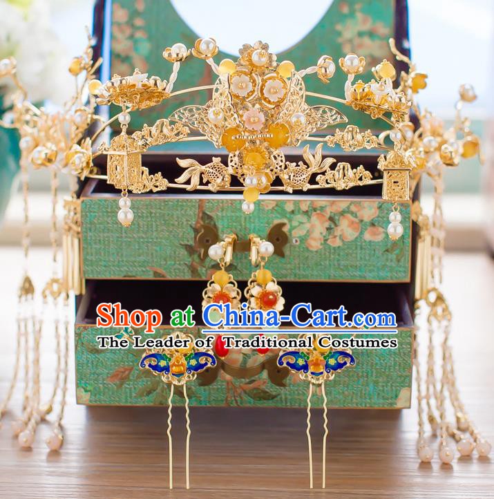 Chinese Handmade Classical Hair Accessories Wedding Golden Phoenix Coronet Hairpins Complete Set