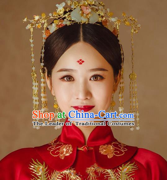 Chinese Handmade Classical Hair Accessories Wedding Bride Tassel Jade Phoenix Coronet Hairpins Complete Set