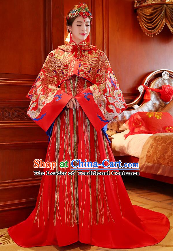 Traditional Ancient Chinese Wedding Costume, China Style Xiuhe Suits Bride Toast Red Embroidered Clothing for Women