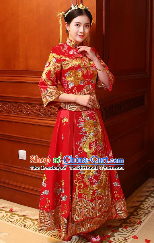 Traditional Chinese Wedding Costume Ancient Bride Embroidered Xiuhe Suits Red Dress for Women