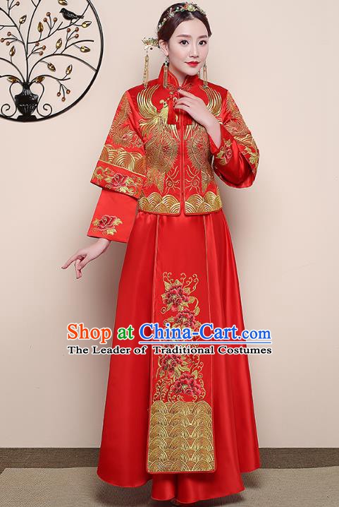 Traditional Chinese Wedding Costume Ancient Bride Embroidered Phoenix Red Xiuhe Suit Clothing for Women