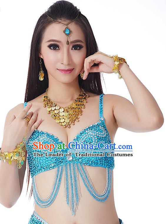 Indian Bollywood Belly Dance Blue Tassel Brassiere Asian India Oriental Dance Costume for Women