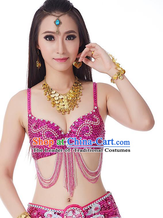 Indian Bollywood Belly Dance Rosy Tassel Brassiere Asian India Oriental Dance Costume for Women