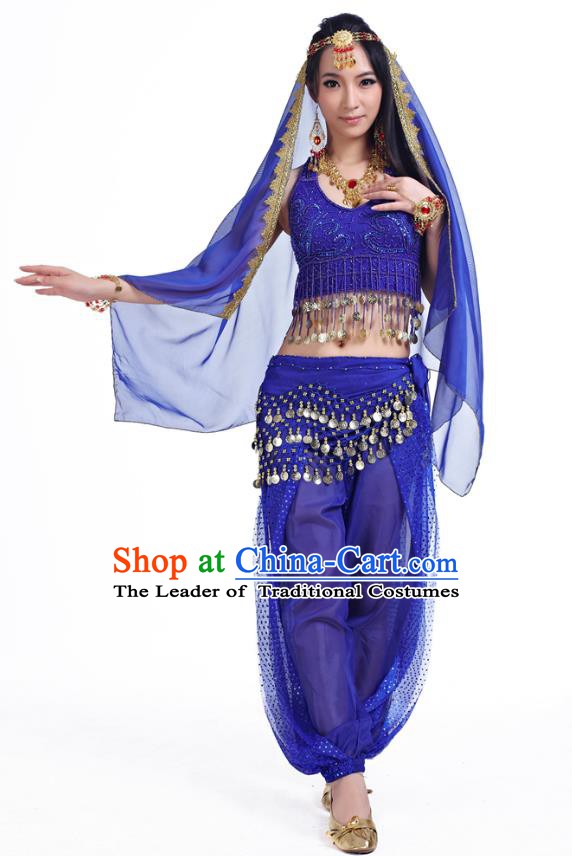 Traditional Indian Belly Dance Sequined Royalblue Dress Asian India Oriental Dance Costume for Women
