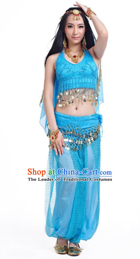 Traditional Indian Belly Dance Sequined Blue Dress Asian India Oriental Dance Costume for Women