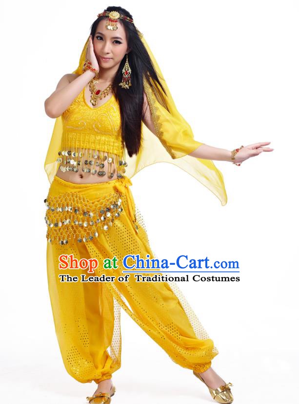 Traditional Indian Belly Dance Sequined Yellow Dress Asian India Oriental Dance Costume for Women
