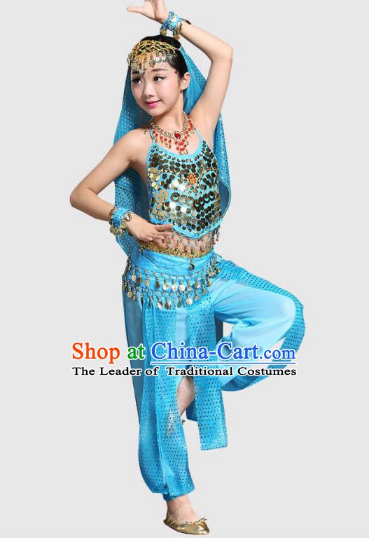 Traditional Indian National Belly Dance Blue Clothing India Oriental Dance Costume for Kids