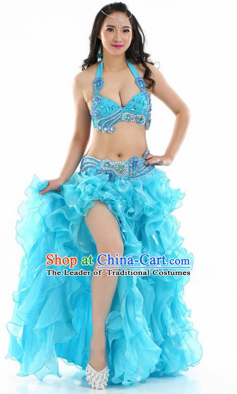 Indian National Belly Dance Blue Sequenced Dress India Bollywood Oriental Dance Costume for Women