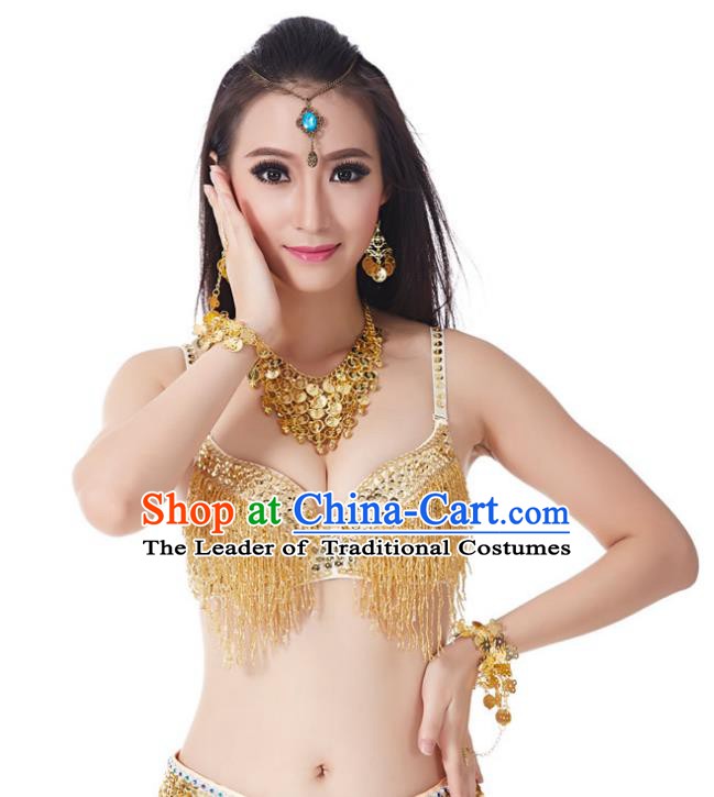 Indian National Belly Dance Costume Sexy Golden Tassel Brassiere for Women