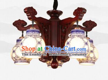 Traditional Chinese Five-Lights Ceiling Wood Palace Lanterns Handmade Porcelain Lantern Ancient Lamp
