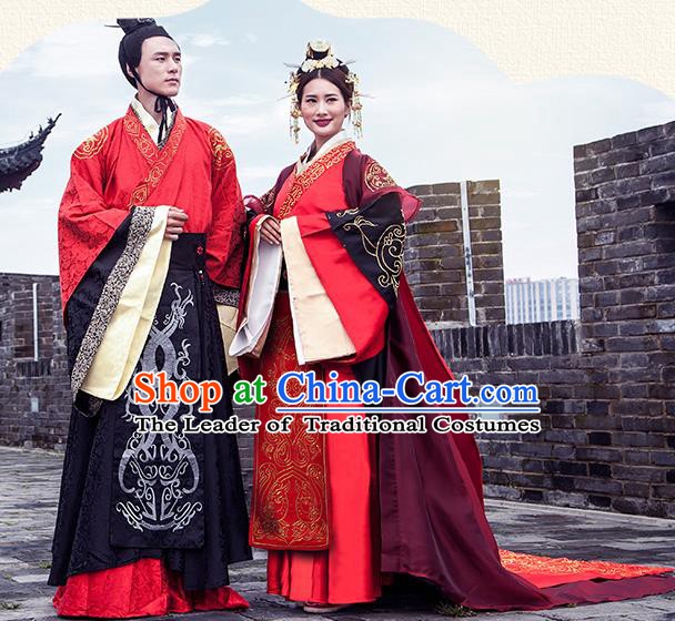 Chinese Ancient Han Dynasty Emperor and Empress Embroidered Wedding Costume Complete Set