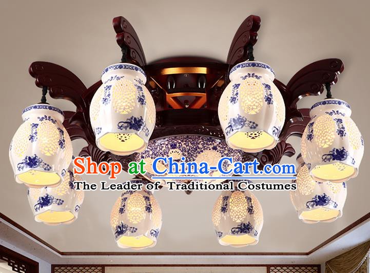 Traditional Chinese Painting Ceiling Palace Lanterns Handmade Eight-Lights Blue Porcelain Lantern Ancient Lamp