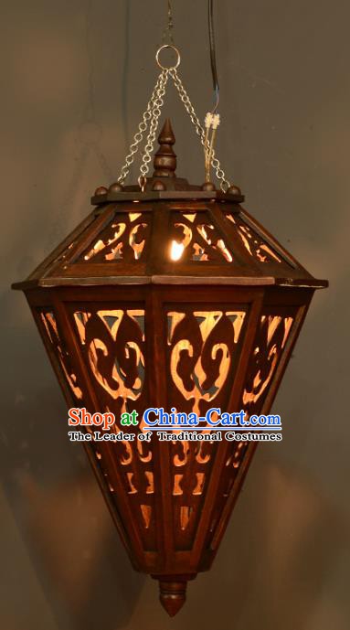 Traditional Thailand Handmade Carving Hanging Lantern Asian Wood Ceiling Lanterns Religion Lantern
