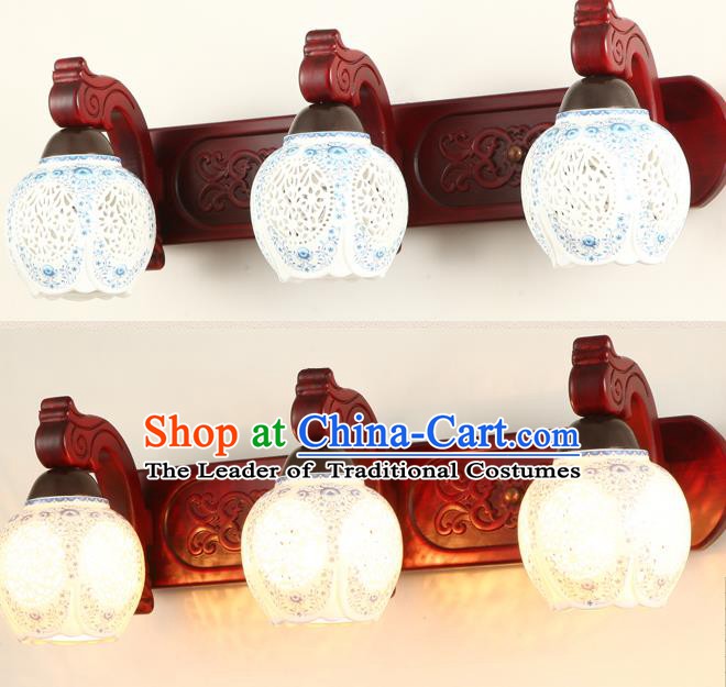 China Handmade Palace Lanterns Pierced Ceramics Three-Lights  Wall Lantern Ancient Wood Lanterns Traditional Lamp