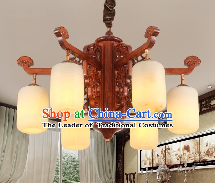 Traditional Chinese Handmade Marble Hanging Lantern Rosewood Six-Lights Palace Lanterns Ancient Lamp