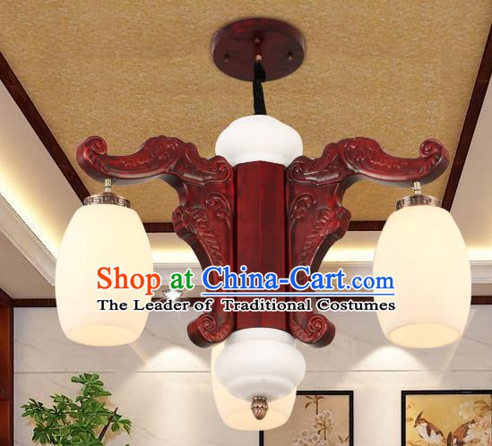 Traditional Chinese Handmade Marble Ceiling Lantern Three-Pieces Palace Lanterns Ancient Wood Lamp