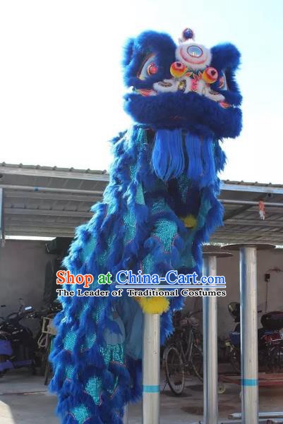 Chinese Traditional Parade Blue Wool Lion Head Professional Lion Dance Costumes Complete Set