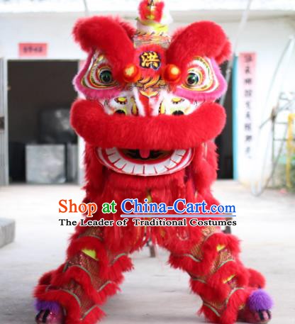 Top Grade Chinese Traditional Red Lion Head Professional Wool Lion Dance Costumes Complete Set