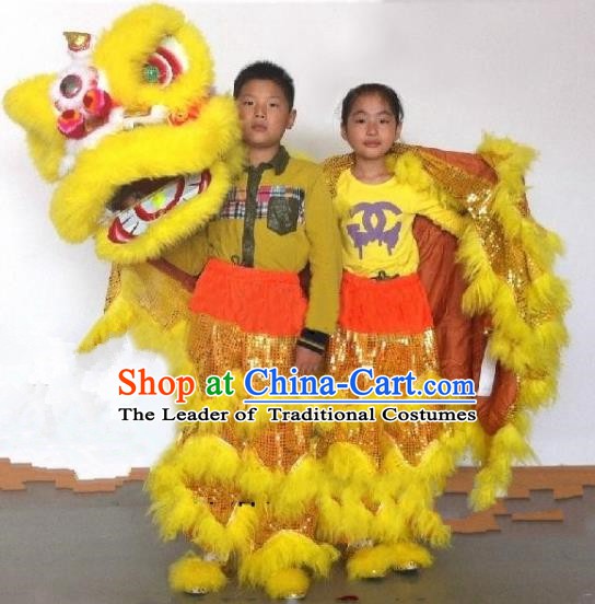 Chinese Traditional Children Lion Dance Costumes Professional Celebration Parade Yellow Wool Lion Head Complete Set