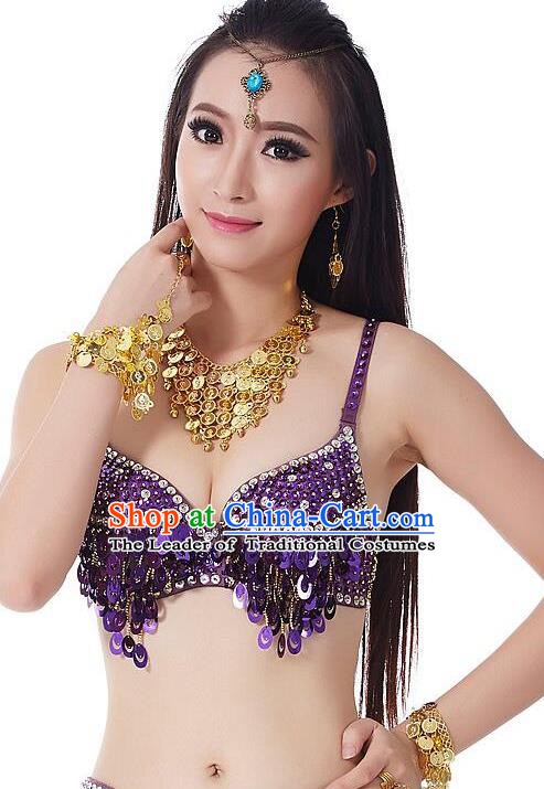 Indian Bollywood Belly Dance Purple Sequin Brassiere Asian India Oriental Dance Costume for Women