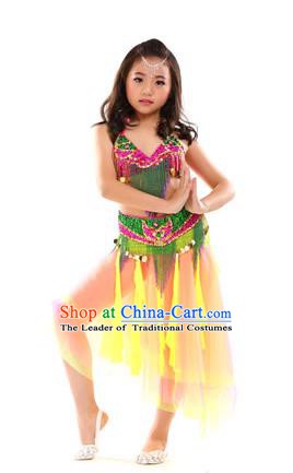 Traditional Oriental Dance Green and Yellow Dress Indian Belly Dance Costume for Kids