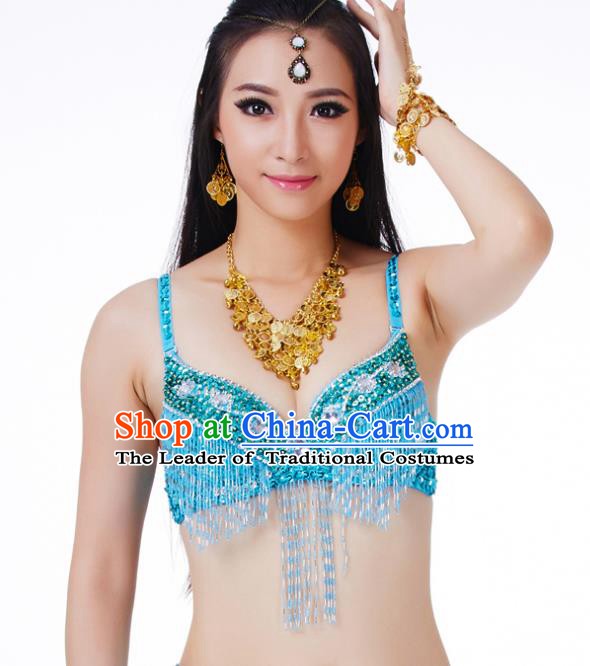 Traditional Belly Dance Blue Tassel Brassiere Upper Outer Garment Indian Oriental Dance Costume for Women