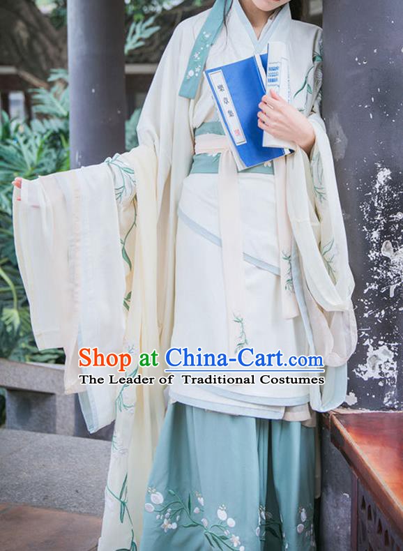 Chinese Ancient Han Dynasty Princess Costumes Embroidered Hanfu Curving-front Robe for Women