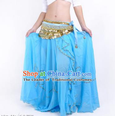 Indian Belly Dance Stage Performance Costume, India Oriental Dance Blue Skirt for Women