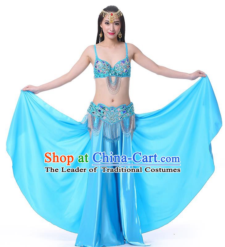 Asian Indian Belly Dance Costume Stage Performance Oriental Dance Blue Dress for Women