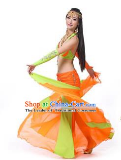 Asian Indian Bollywood Belly Dance Costume Stage Performance Oriental Dance Green and Orange Dress for Women