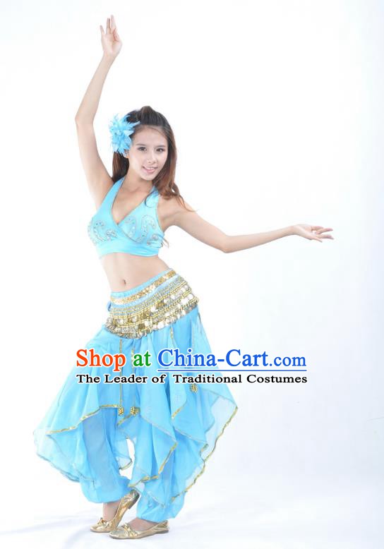Asian Indian Traditional Costume Belly Dance Stage Performance Oriental Dance Blue Clothing for Women