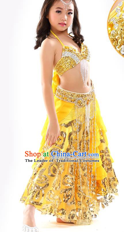 Top Indian Belly Dance Yellow Dress India Traditional Oriental Dance Performance Costume for Kids