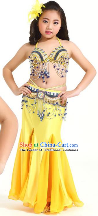 Indian Traditional Children Belly Dance Costume Classical Oriental Dance Yellow Dress for Kids
