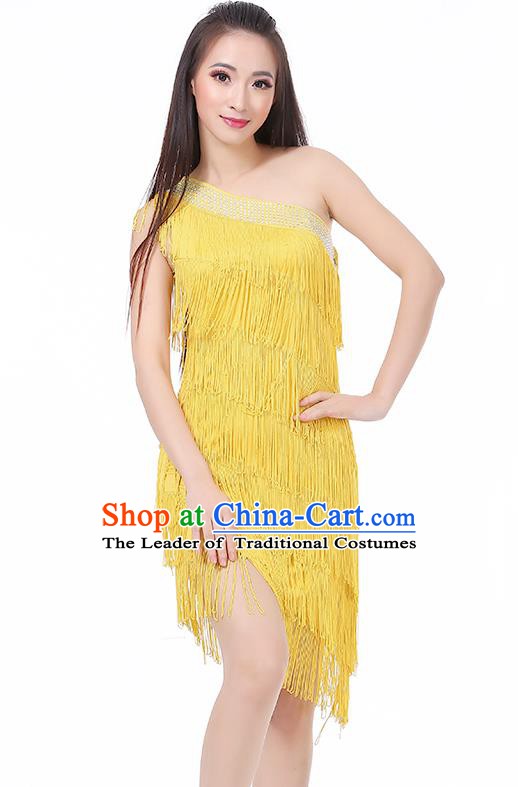 Top Modern Dance Latin Dance Costume Classical Jazz Dance Yellow Tassel Dress for Women