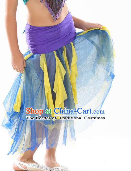 Asian Indian Belly Dance Blue Veil Skirt Stage Performance Oriental Dance Clothing for Kids
