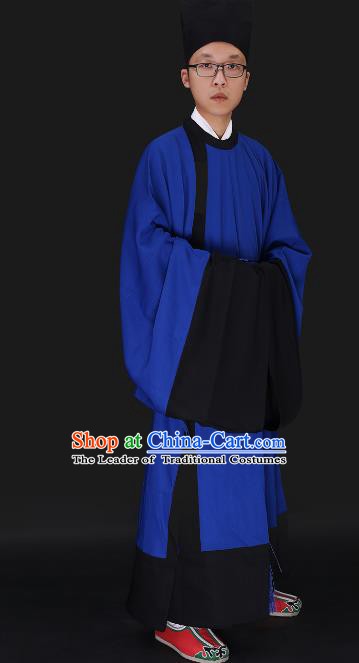 Chinese Ancient Ming Dynasty Confucian Scholar Costume Blue Robe Swordsman Hanfu Clothing for Men