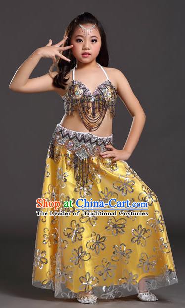 Asian Indian Children Belly Dance Yellow Dress Stage Performance Oriental Dance Clothing for Kids
