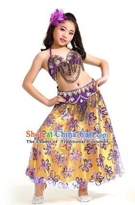 Asian Indian Children Belly Dance Purple Dress Stage Performance Oriental Dance Clothing for Kids