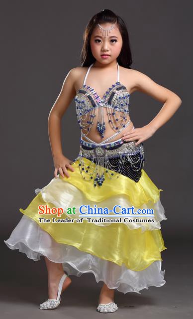 Asian Indian Children Belly Dance Yellow and White Dress Stage Performance Oriental Dance Clothing for Kids