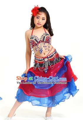 Asian Indian Children Belly Dance Red and Blue Dress Stage Performance Oriental Dance Clothing for Kids