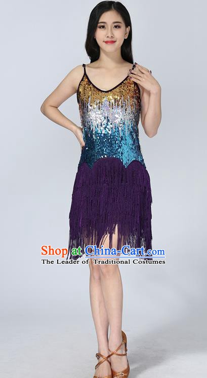 Professional Latin Dance Sequin Purple Dress Ballroom Dance Modern Dance Clothing for Women