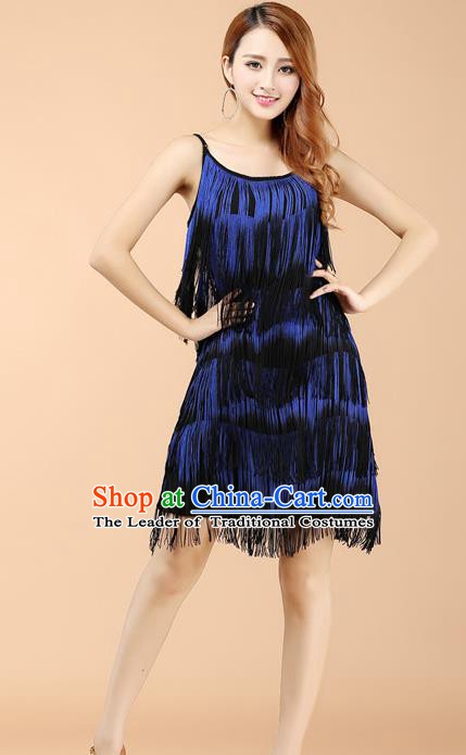 Professional Latin Dance Blue Tassel Dress Ballroom Dance Modern Dance Clothing for Women