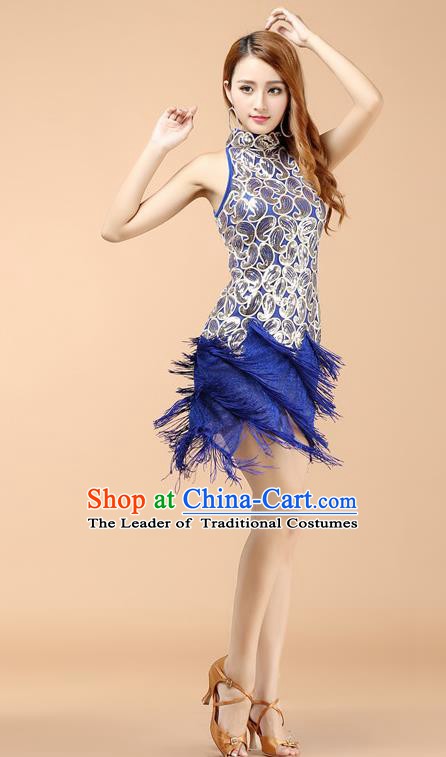 Classical Latin Dance Blue Tassel Dress Ballroom Dance Modern Dance Costume for Women
