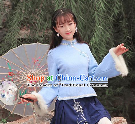 Chinese National Costume Blue Wool Cheongsam Shirts Tangsuit Qipao Blouse for Women