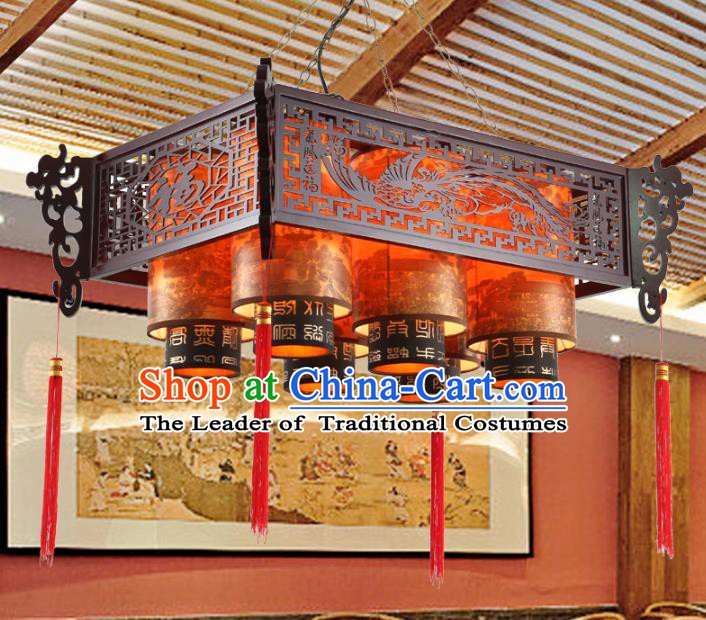China Ancient Handmade Wood Six-Lights Lantern Traditional Carving Phoenix Ceiling Lamp Palace Lanterns