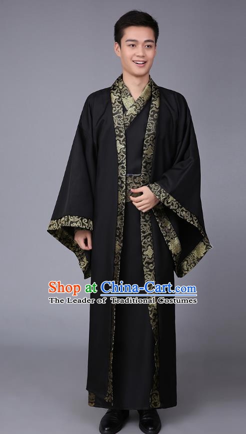 China Ancient Han Dynasty Scholar Costume Black Robe for Men